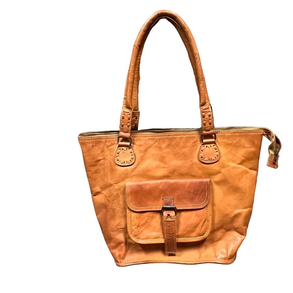 Noonday Collection Tote Bag Purse Rustic Goat Leather Large Brown Tan Retro Aged